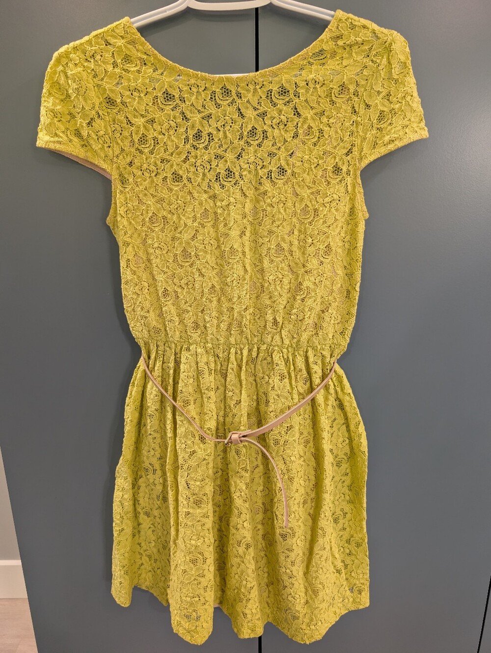 Zara Woman Yellow/Green Floral Lace Dress with Nude Belt